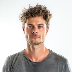 Fototapeta premium Man with a tousled short hairstyle, looking relaxed, wearing a casual t-shirt, Portrait half-body, hyper-realistic, high detail, photorealistic, white background, studio lighting, Key Light, Fill