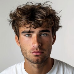 Obraz premium Man with a tousled short hairstyle, looking relaxed, wearing a casual t-shirt, Portrait half-body, hyper-realistic, high detail, photorealistic, white background, studio lighting, Key Light, Fill