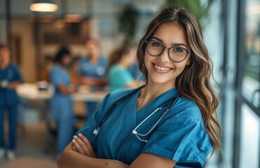 Obraz premium Happy young female nurse stands with arms crossed in a hospital office