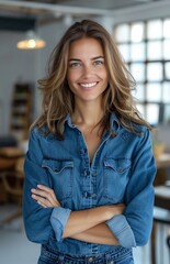 Fototapeta premium Confident businesswoman standing with folded arms in a contemporary office, radiating professionalism and assurance