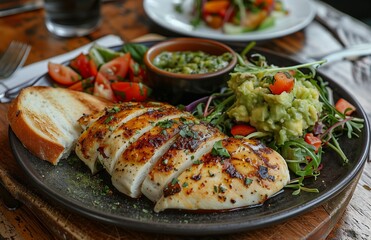 An open dish featuring chicken fillet, guacamole, salad, and a bread slice on top