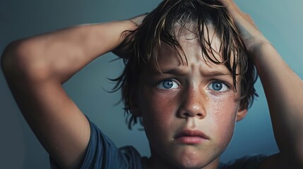 Scared, worried boy with blue eyes and wet hair. Concept of anxiety, fear, childhood trauma, stress, and mental health issues
