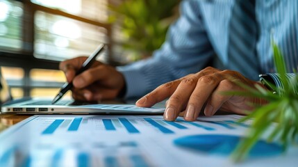 Business professional analyzing financial data and charts on a tablet at a desk. Hands holding pen, focusing on business growth and analysis.