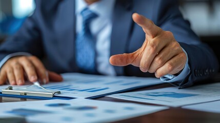 Business professional analyzing financial documents, pointing towards important data, signifying corporate strategy and decision making.