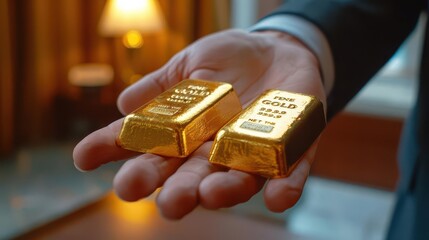 Closeup of financial advisors hand holding gold bars, wealth management, luxury office, soft lighting, photorealistic