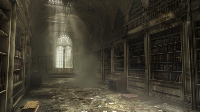 Eerie Abandoned Library with Dusty Books and Ghostly Apparitions