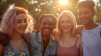 Diverse group of young adults, representing different ethnicities and gender identities, smiling and embracing each other in a sunlit park