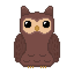 A retro-styled pixel-art illustration of a brown owl with cute eyes.