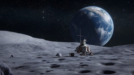Serene Image of Moon Base with Earthrise, Showing Lunar Rovers, Communication Antennas, and Habitat Modules on the Lunar Surface, Highlighting Space Exploration and Moon Technology