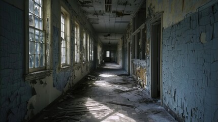 Obraz premium Visions of Decay: Abandoned Hospital's Eerie Hallways and Haunting Shadows