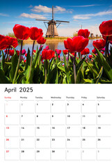 Set of vertical flip calendars with wonderful landscapes. April 2025. Famous Dutch windmills among...