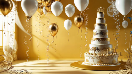 Birthday zone. Decor, balloons, white, background gold. Present. Generative AI