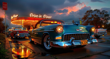 Classic 1950s Style Cars Parked in Front of a Retro Drive-In Diner at Sunset