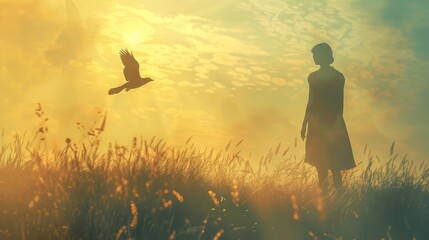 Silhouette of a Woman and Bird in a Field at Sunset