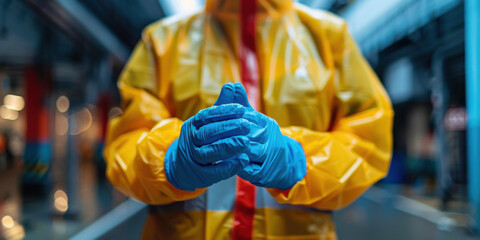 Person in yellow protective suit and blue gloves standing with clasped hands, focusing on industrial safety measures.