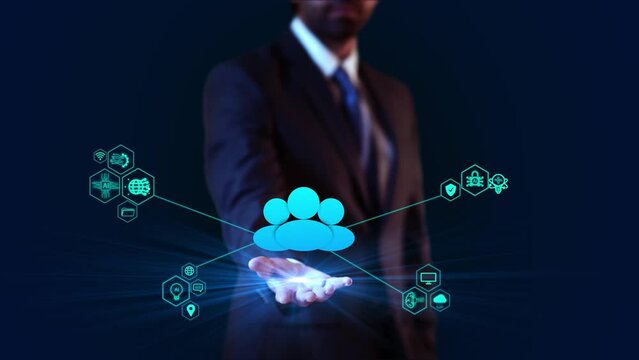Businessman virtual display HUd Hologram Social Network User Id social networking, user engaging Global worldwide Network connection online Connecting people, blockchain Big Data users accounts