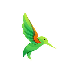 A green bird with orange wings flying in the air