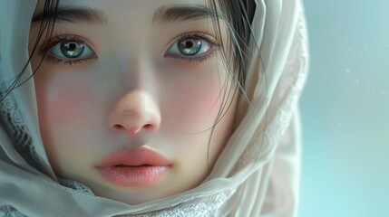 Digital art portrait of a young woman with grey eyes and a white head covering. Concept of beauty, innocence, and serenity