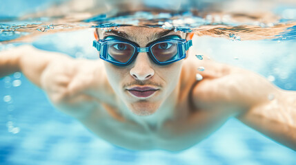 Fototapeta premium Underwater portrait of a swimmer with goggles against a blurred blue background, embodying the concept of aquatic sports and determination. Generative AI