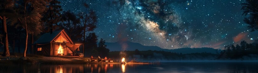 Fototapeta premium Family camping under the stars, warm campfire light, rustic setting, peaceful vibe, realistic, highresolution photograph
