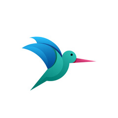 A blue and green bird with a long beak flying in the air