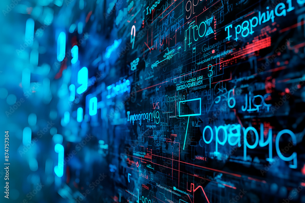Aufkleber Digital code and abstract symbols on a dynamic blue and red background, portraying a concept of technology. Generative AI