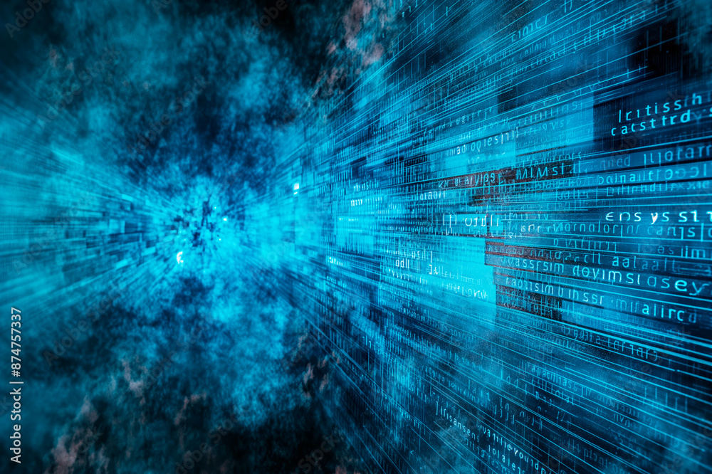 Poster Digital data stream with binary code, depicting cyberspace or virtual reality on a blue background, concept of futuristic technology. Generative AI