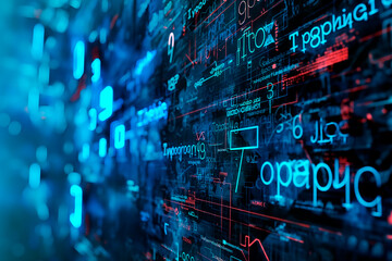 Digital code and abstract symbols on a dynamic blue and red background, portraying a concept of technology. Generative AI