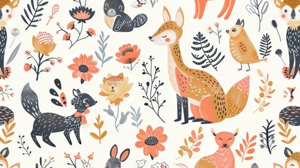 Obraz premium A whimsical pattern featuring playful animals and nature elements, suitable for clothing and nursery decorations.