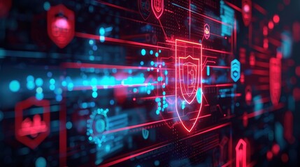Fototapeta premium Digital Fortress: Cybersecurity Defense System with Shield and Data Protection Icons