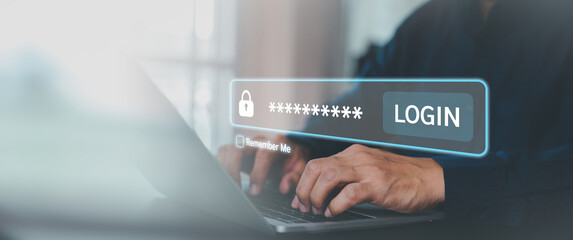 Businessman and screen login username and password identity or sign up register of cyber security...