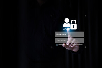 Businessman and screen login username and password identity or sign up register of cyber security...