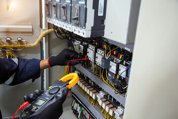 Electricity and electrical safety maintenance service system, Technician hand checking electric...