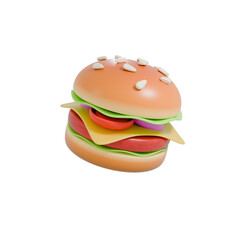 3D Illustration and 3D Icon of Cute and Edible Hamburger with meat, cheese, lettuce, tomatoes, onion and bun on top and botton