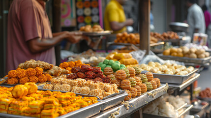 A street vendor selling traditional Indian sweets and snacks with colorful displays with copy space