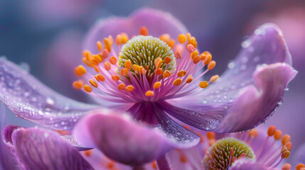 A detailed close-up of a pink flower with delicate dew drops, showcasing its vibrant colors and intricate petals.