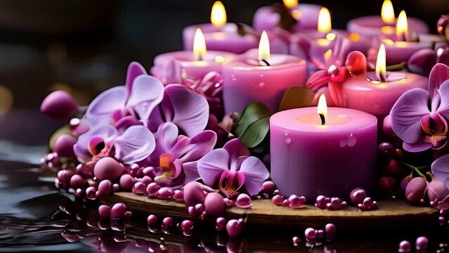 Purple candles and orchids on wooden tray