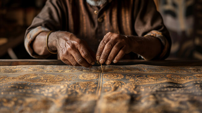 A craftsman working on intricate embroidery or textile design, showcasing traditional Indian craftsmanship with copy space