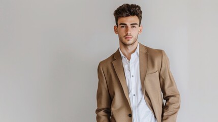 Confident young man in a stylish brown suit posing against a plain background. Concept of business, fashion, and success