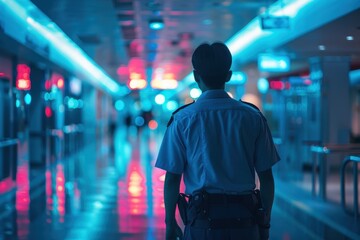 Security Guard in a Neon Lit Corridor