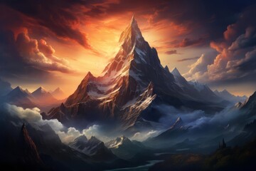 A mountain peak with climbers reaching the top, surrounded by clouds and a glowing sunrise
