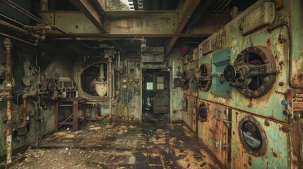 Fototapeta premium Forgotten Military Relics: Abandoned Base with Rusty Equipment, Eerie Silence, and Haunting Vibes