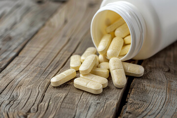 Supplement or vitamin tables out of white bottle. Generative AI