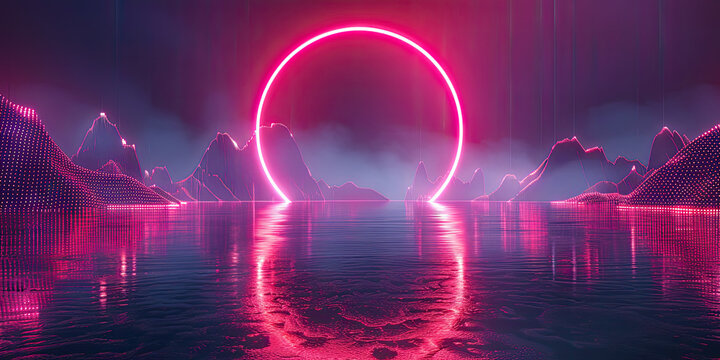 3d render, abstract geometric neon background, pink blue vivid light, ultraviolet round hole in the wall. Window, open door, gate, portal. Room entrance, arch. Modern minimal concept. Generated by AI