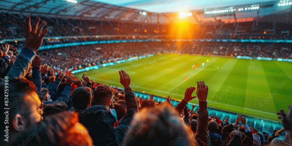 Wall mural Packed stadium with enthusiastic soccer fans cheering during an exciting match under the bright stadium lights.