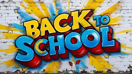 Text Let's go Back to school concept. School and office supplies on background Back to school concept. white brick wall the inscription in multi-colored paints.