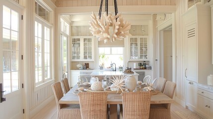 Bring the beach indoors with this coastal dining room complete with sandy beige walls starfish accents and a beautiful coral chandelier.