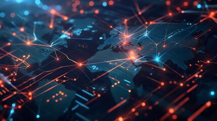 Detailed 4K Illustration of Global Data Network with Glowing Lines Nodes and Icons Representing Financial Health and Social Media Data