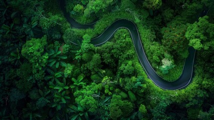 Fototapeta premium Winding road through a lush green forest, aerial view. Concepts. nature, journey, travel, adventure, environment, sustainability