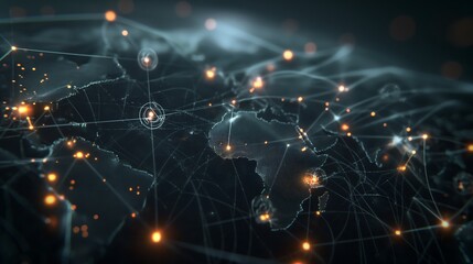 Obraz premium 4K Realistic Depiction of Global Data Network with Glowing Lines Nodes and Financial Health Social Media Data Icons on Dark Background